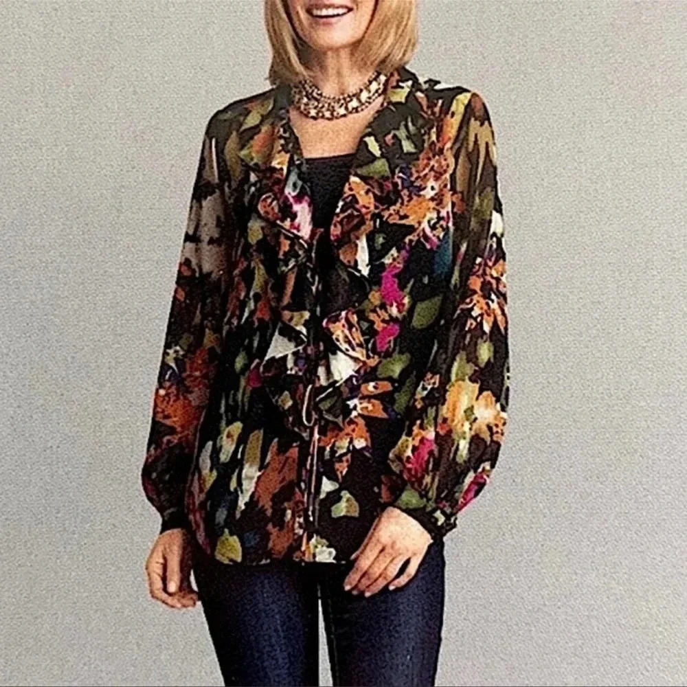 CAbi Floral Ruffle Tie Front Sheer Blouse // Size Small